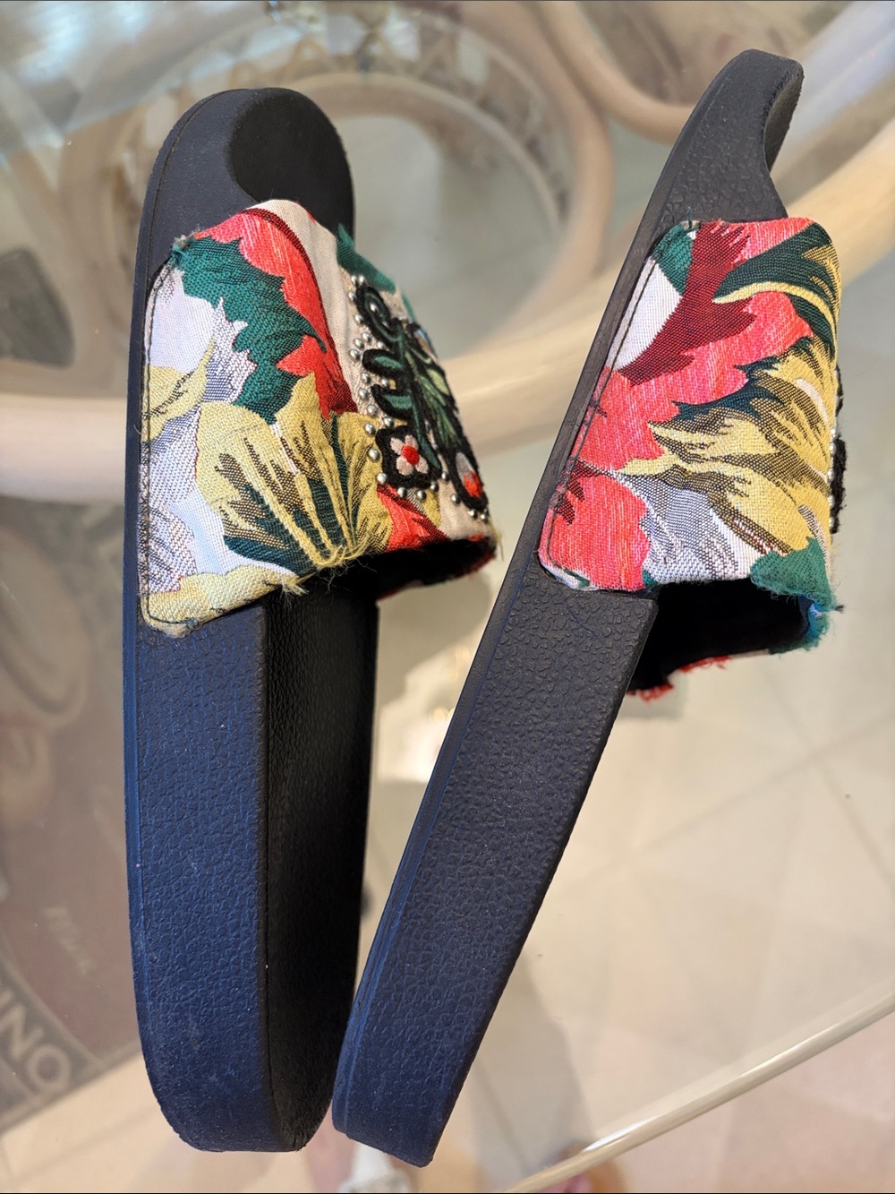Steve Madden Black Slides with Multicolor Floral Embroidery & Silver Studs - Picture 3 of 9